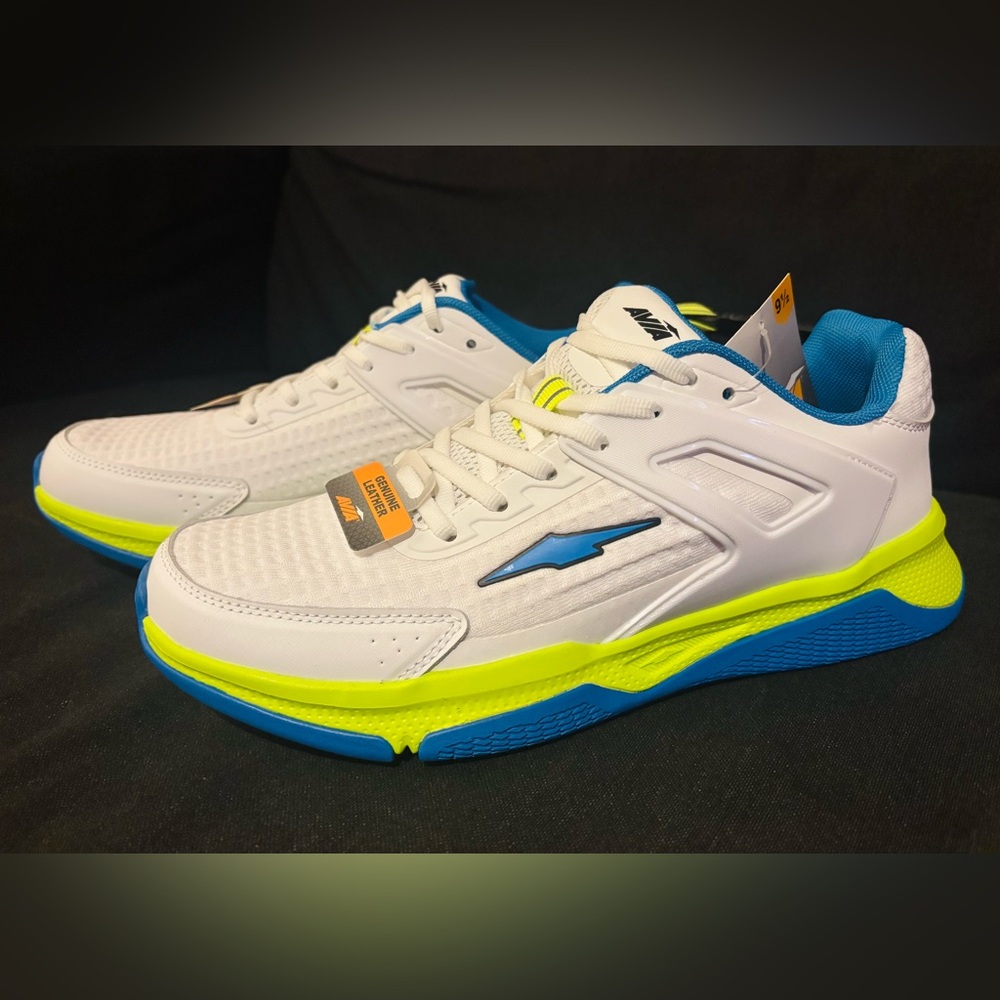 Avia White and Blue Athletic Shoes with Neon Accents